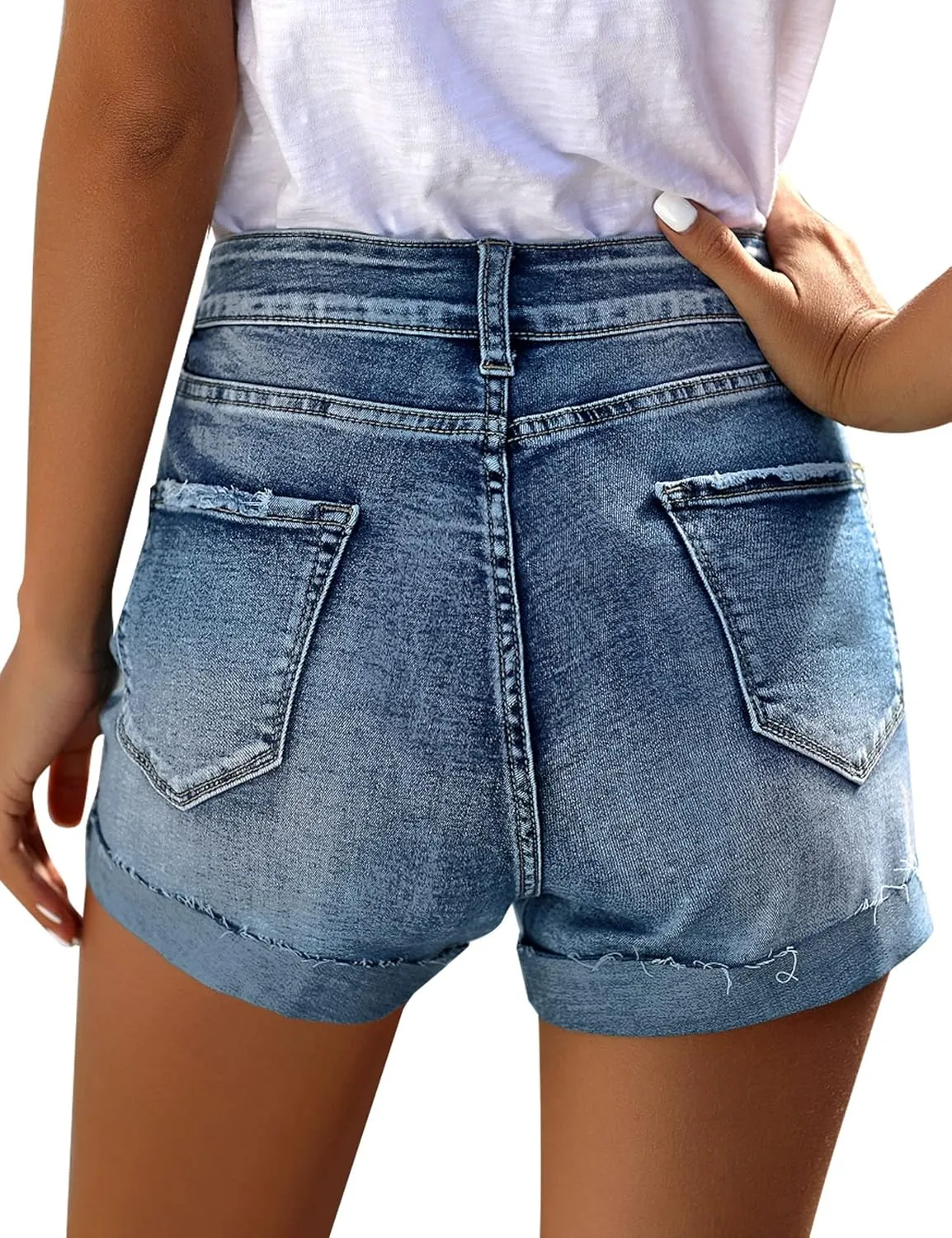 LookbookStore Women Summer High Waisted Sewn Cuffed Hem Buttons Denim Jean Shorts