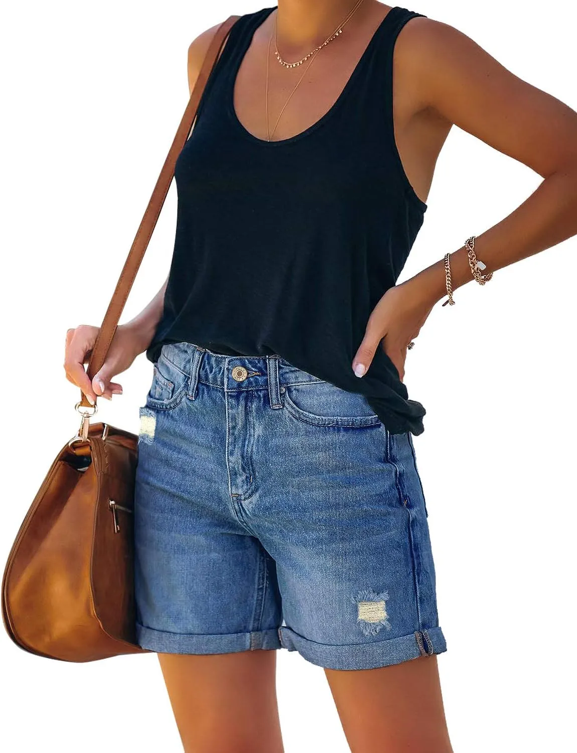 LookbookStore Women's High Waist Ripped Denim Shorts Rolled Hem Distressed Stretch Jeans