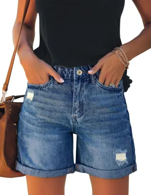 LookbookStore Women's High Waist Ripped Denim Shorts Rolled Hem Distressed Stretch Jeans
