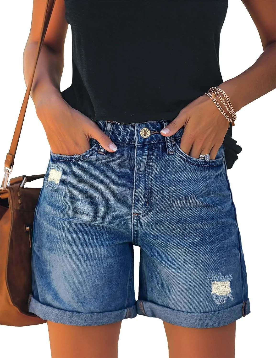 LookbookStore Women's High Waist Ripped Denim Shorts Rolled Hem Distressed Stretch Jeans