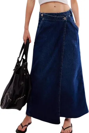 loveimgs Women Long Denim Skirt Wrap Blue Jean Maxi Skirt Mid Rise Flared A Line Skirt with Pockets Asymmetrical Skirts