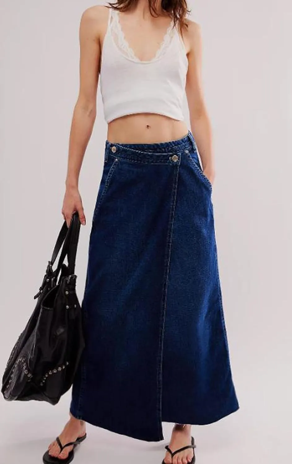 loveimgs Women Long Denim Skirt Wrap Blue Jean Maxi Skirt Mid Rise Flared A Line Skirt with Pockets Asymmetrical Skirts