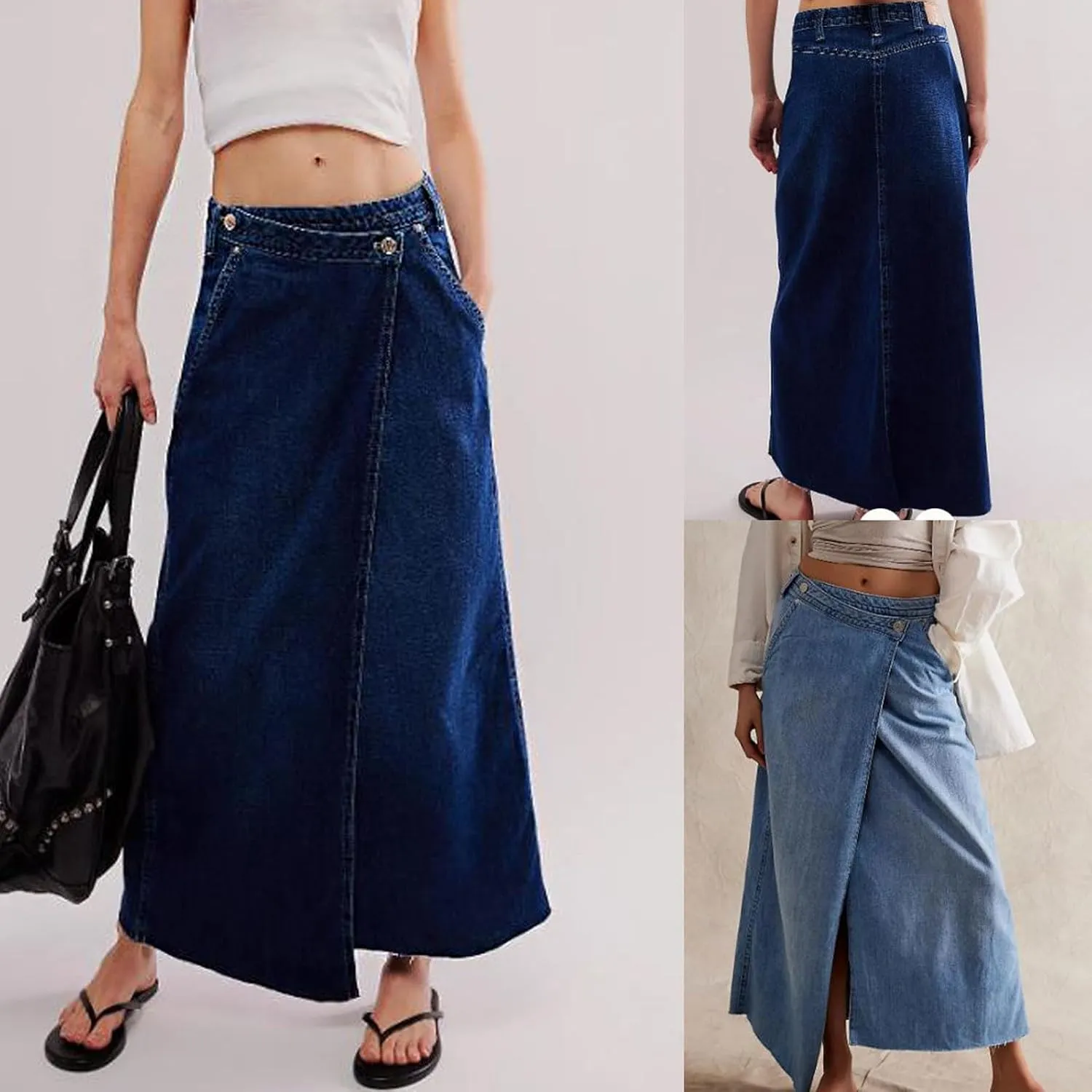 loveimgs Women Long Denim Skirt Wrap Blue Jean Maxi Skirt Mid Rise Flared A Line Skirt with Pockets Asymmetrical Skirts