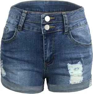 Lu's Chic Women's Jeans Shorts Denim High Waisted Distressed Ripped Frayed Hole Button Zipper