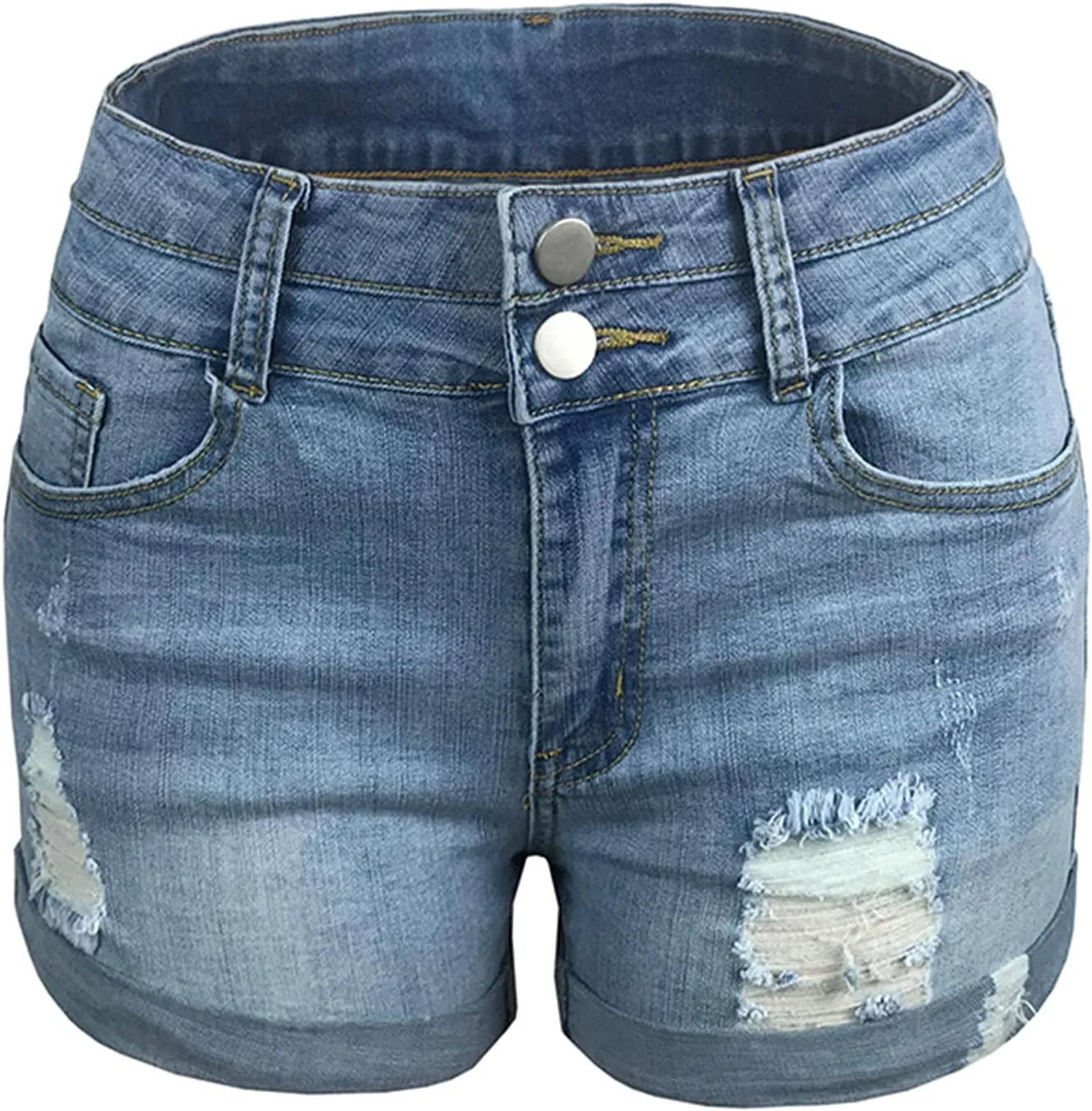 Lu's Chic Women's Jeans Shorts Denim High Waisted Distressed Ripped Frayed Hole Button Zipper