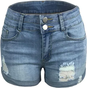 Lu's Chic Women's Jeans Shorts Denim High Waisted Distressed Ripped Frayed Hole Button Zipper