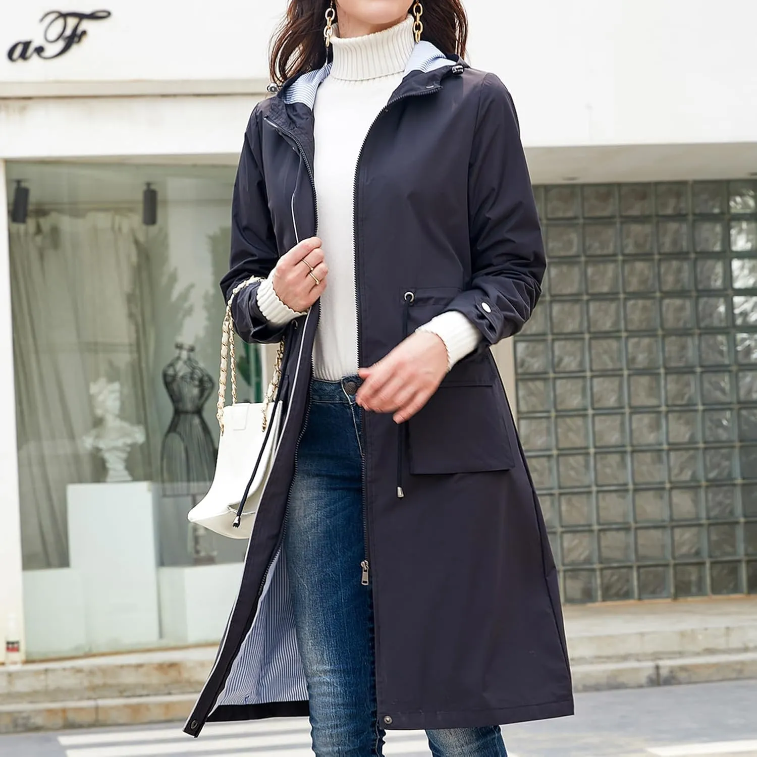 Lu's Chic Women's Rain Jackets Anorak Waterproof Casual Military Utility Outdoor Fall Hood