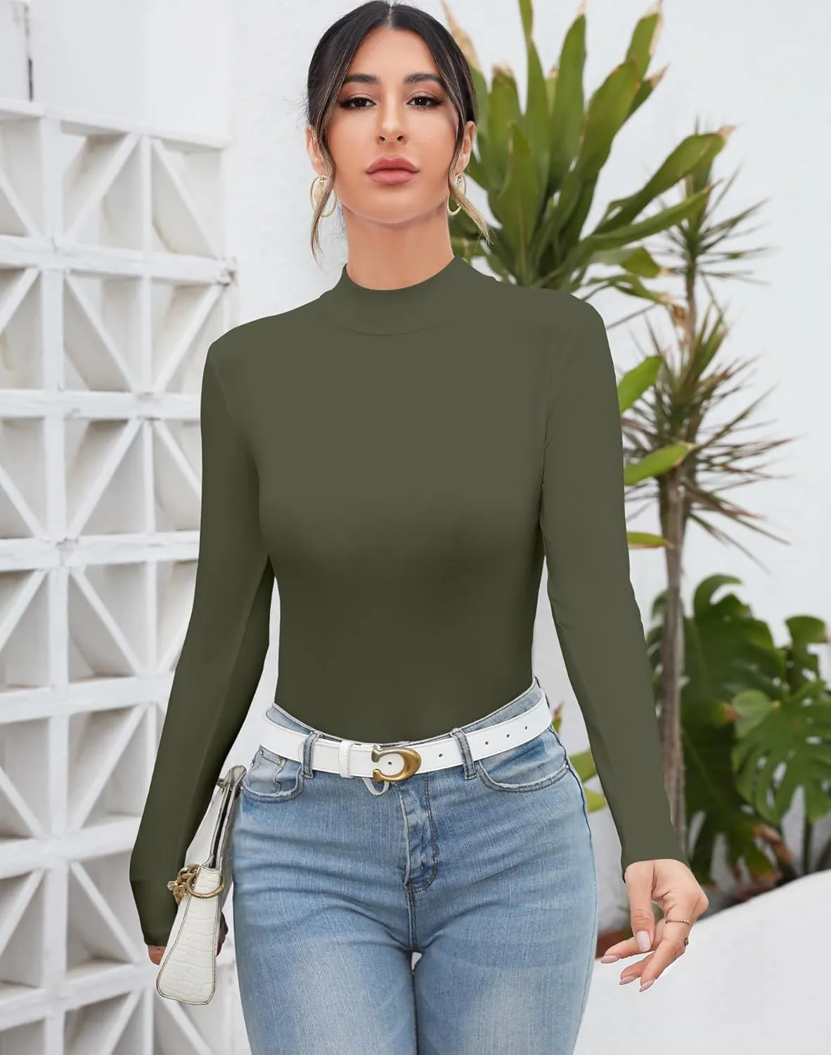 MANGDIUP Women's Mock Turtleneck Long Sleeve Sleeveless Tops Basic Slim T-Shirts