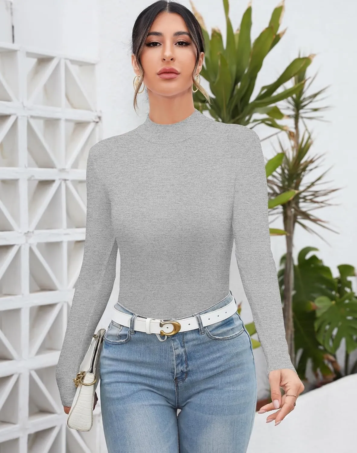 MANGDIUP Women's Mock Turtleneck Long Sleeve Sleeveless Tops Basic Slim T-Shirts