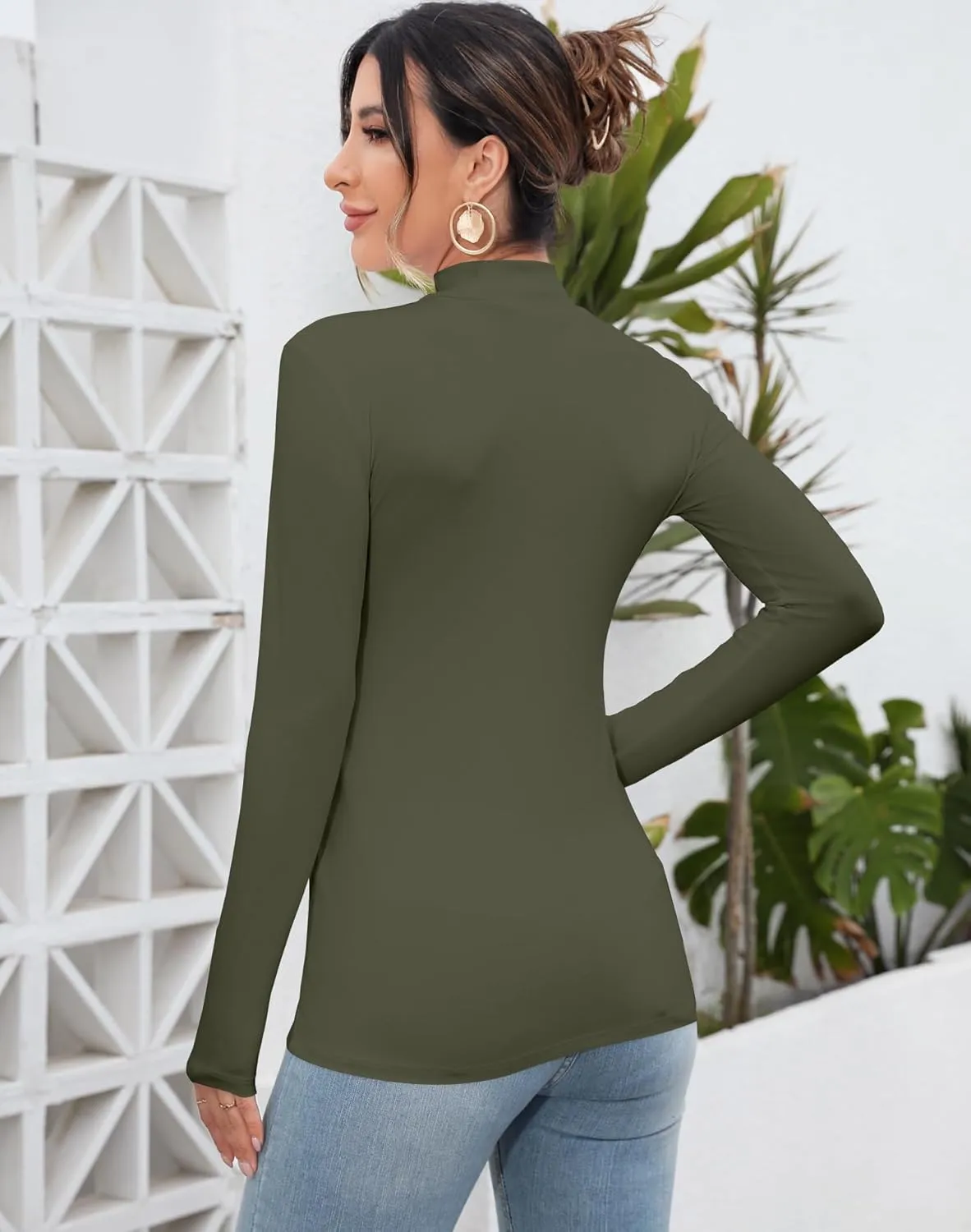 MANGDIUP Women's Mock Turtleneck Long Sleeve Sleeveless Tops Basic Slim T-Shirts