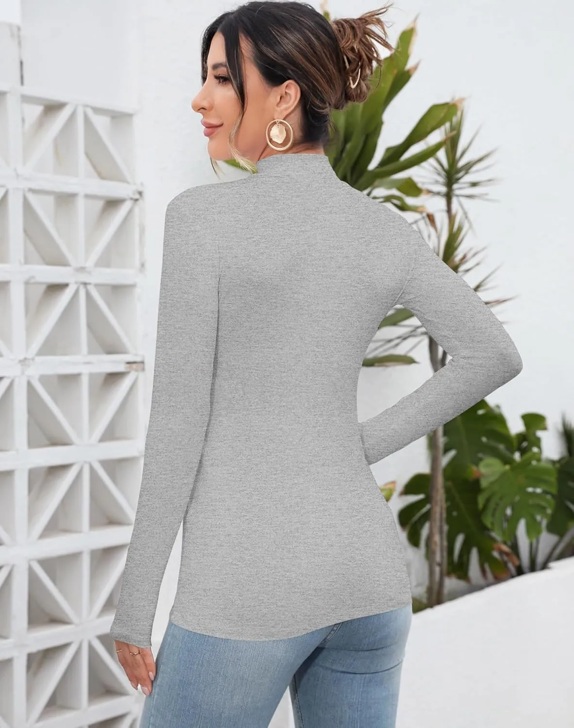 MANGDIUP Women's Mock Turtleneck Long Sleeve Sleeveless Tops Basic Slim T-Shirts
