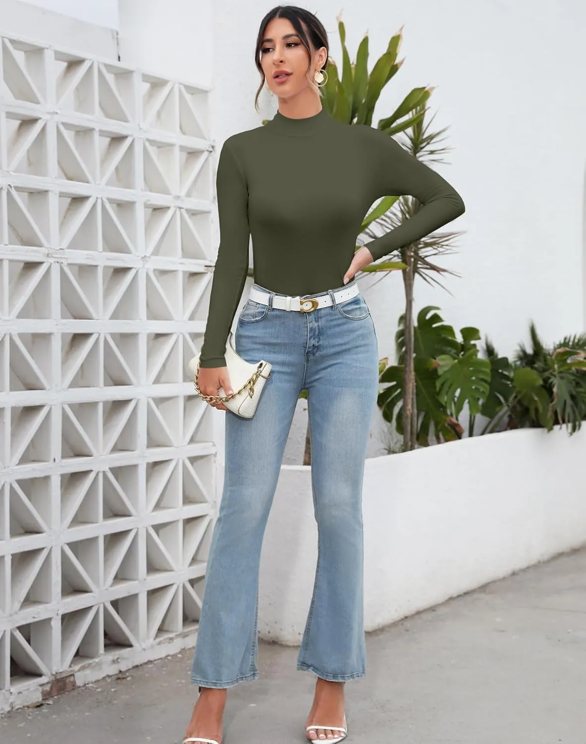 MANGDIUP Women's Mock Turtleneck Long Sleeve Sleeveless Tops Basic Slim T-Shirts