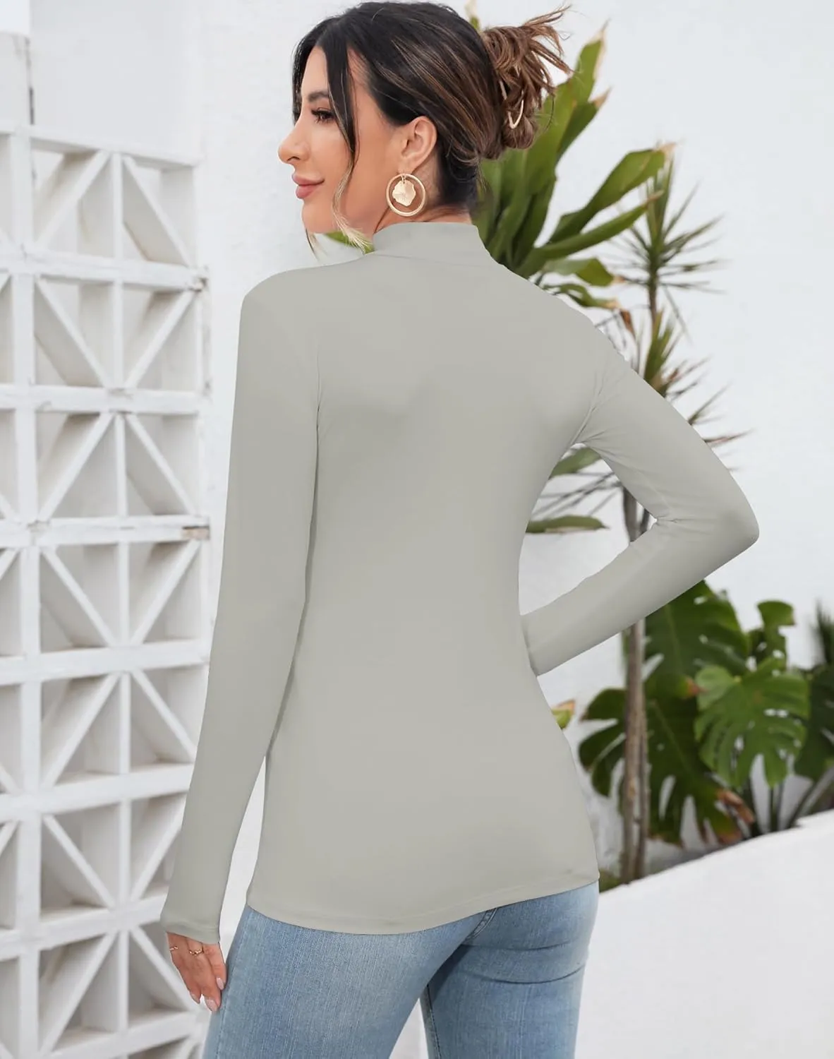 MANGDIUP Women's Mock Turtleneck Long Sleeve Sleeveless Tops Basic Slim T-Shirts