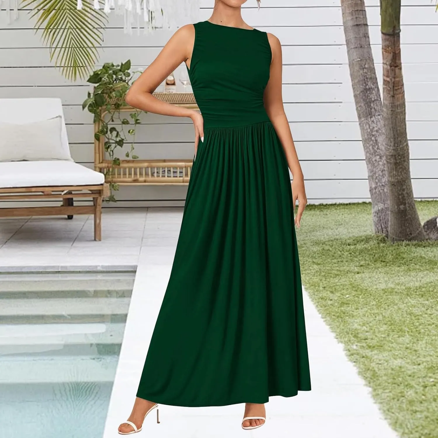 Maxi Dresses for Women 2025 Sleeveless Crewneck Tank Dress A line Pleated Flowy Dresses Elegant Wedding Guest Dress