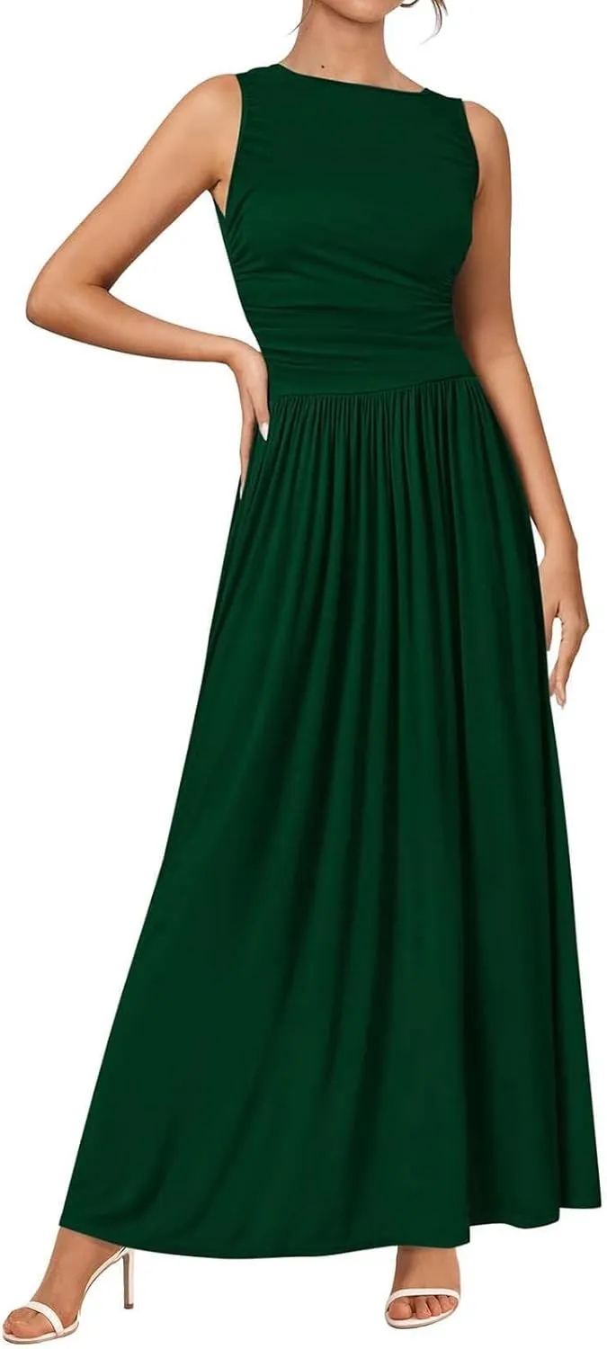 Maxi Dresses for Women 2025 Sleeveless Crewneck Tank Dress A line Pleated Flowy Dresses Elegant Wedding Guest Dress