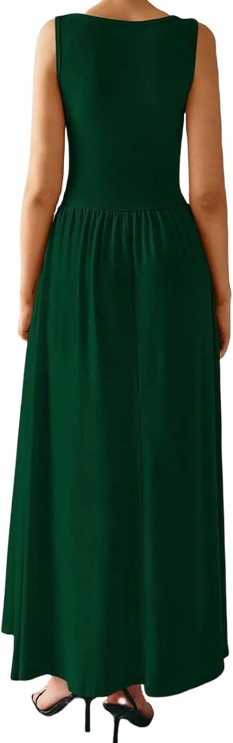 Maxi Dresses for Women 2025 Sleeveless Crewneck Tank Dress A line Pleated Flowy Dresses Elegant Wedding Guest Dress