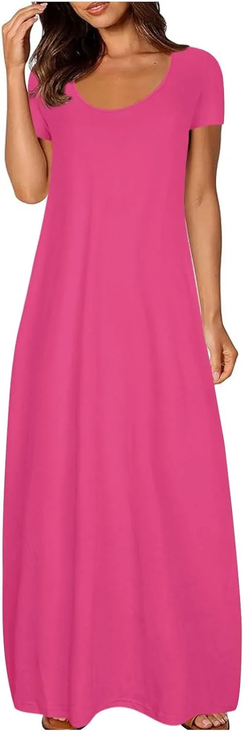 Maxi Dresses for Women 2025 Summer Casual Round Neck Short Sleeve Plus Size Dresses Beach Vacation Shift Long Dress