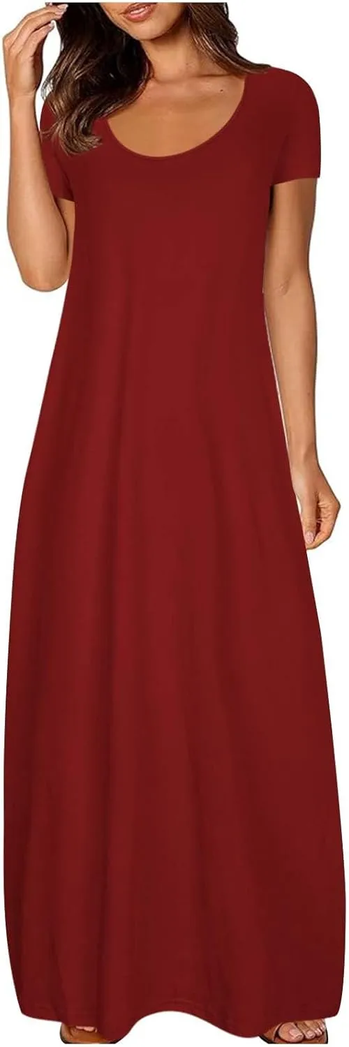 Maxi Dresses for Women 2025 Summer Casual Round Neck Short Sleeve Plus Size Dresses Beach Vacation Shift Long Dress