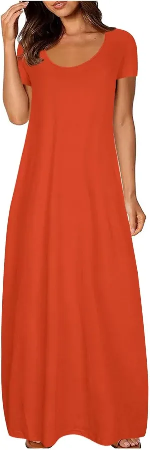 Maxi Dresses for Women 2025 Summer Casual Round Neck Short Sleeve Plus Size Dresses Beach Vacation Shift Long Dress