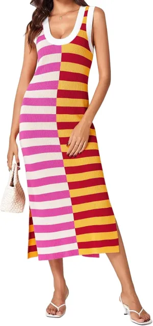Maxi Dresses for Women 2025 Sundress Knitted Sleeveless U Neck Tank Tops Striped Dresses Color Block Fashion Trendy