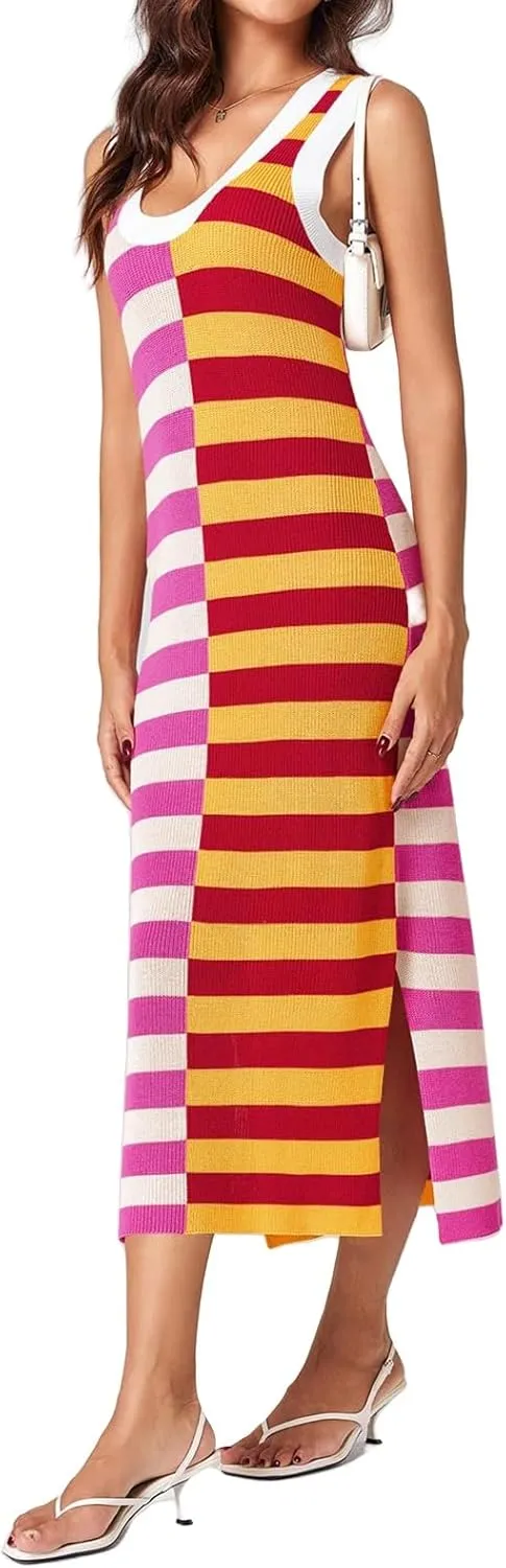 Maxi Dresses for Women 2025 Sundress Knitted Sleeveless U Neck Tank Tops Striped Dresses Color Block Fashion Trendy