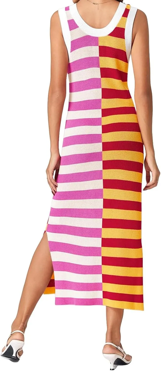 Maxi Dresses for Women 2025 Sundress Knitted Sleeveless U Neck Tank Tops Striped Dresses Color Block Fashion Trendy