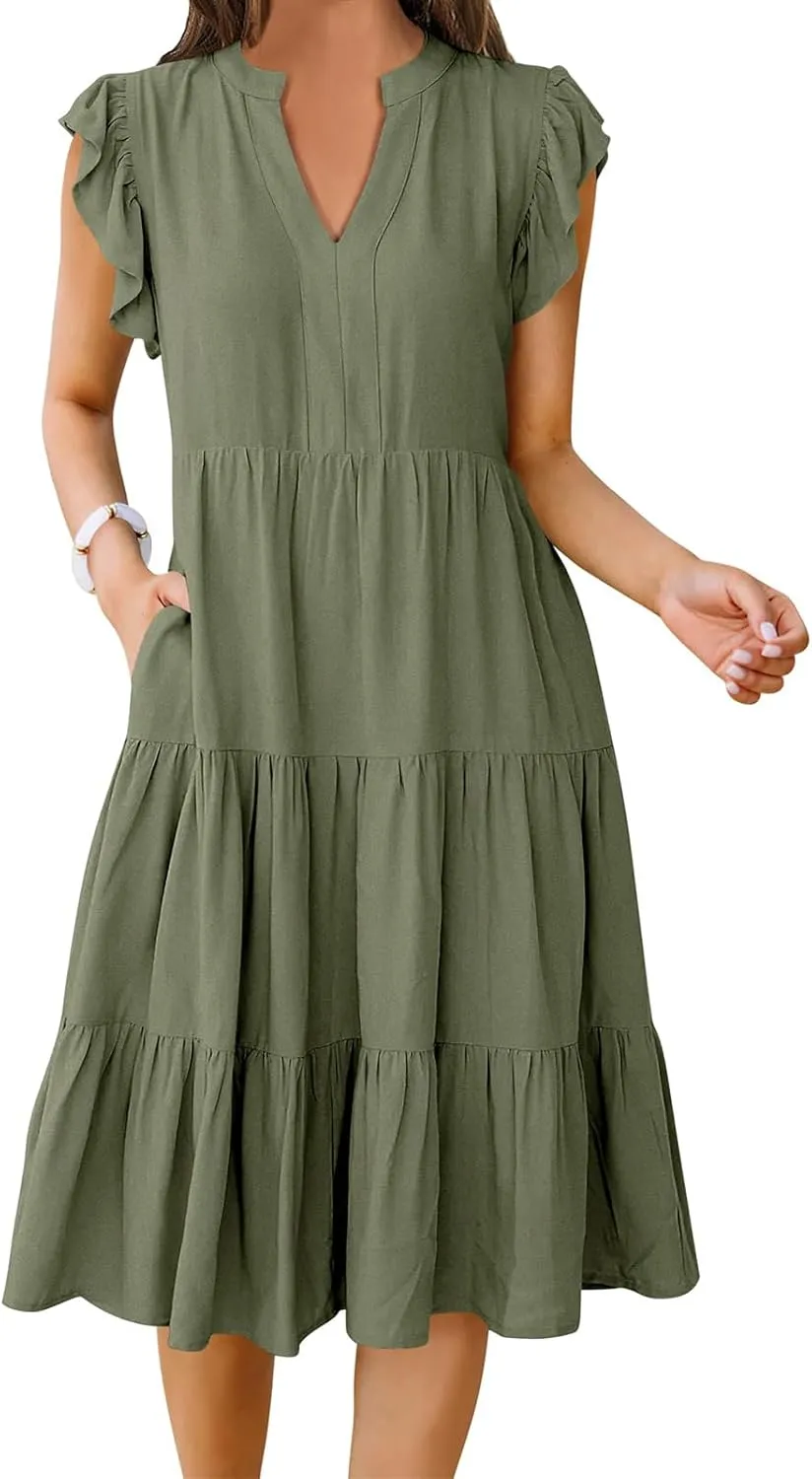 Maxi Dresses for Women 2025 Sundress Ruffle Sleeve V Neck Dress Ruched Elegant Swing Dress with Pocket