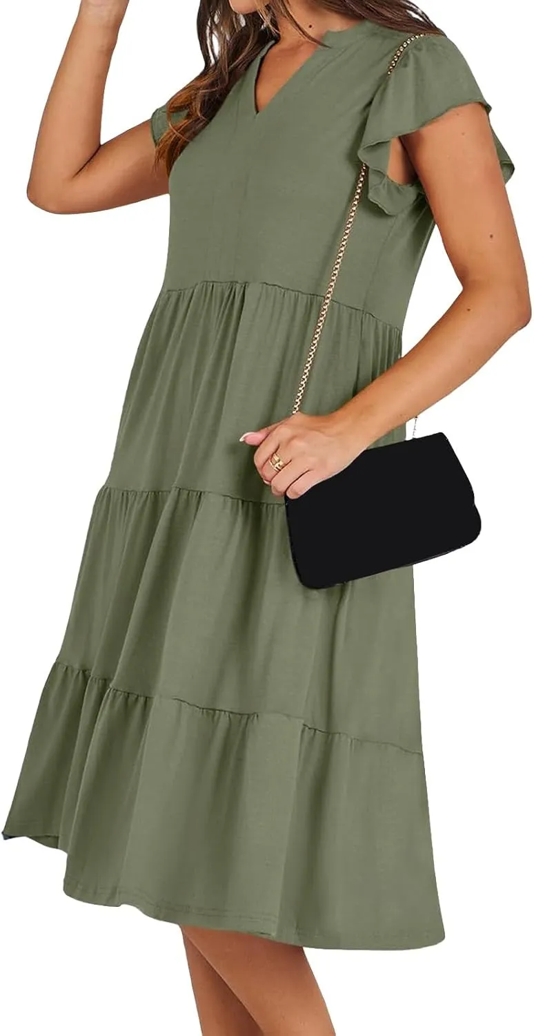 Maxi Dresses for Women 2025 Sundress Ruffle Sleeve V Neck Dress Ruched Elegant Swing Dress with Pocket