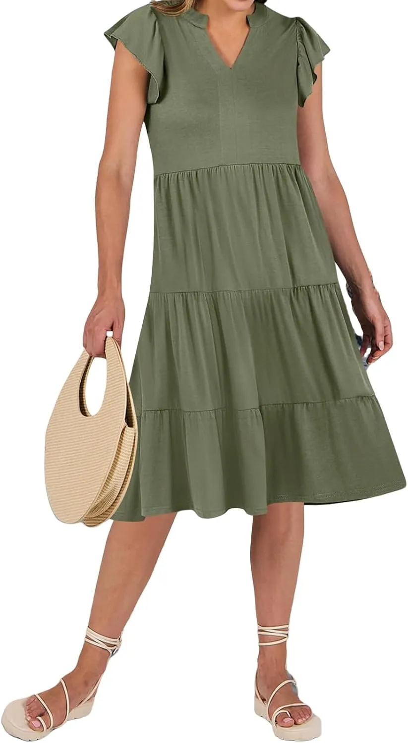 Maxi Dresses for Women 2025 Sundress Ruffle Sleeve V Neck Dress Ruched Elegant Swing Dress with Pocket