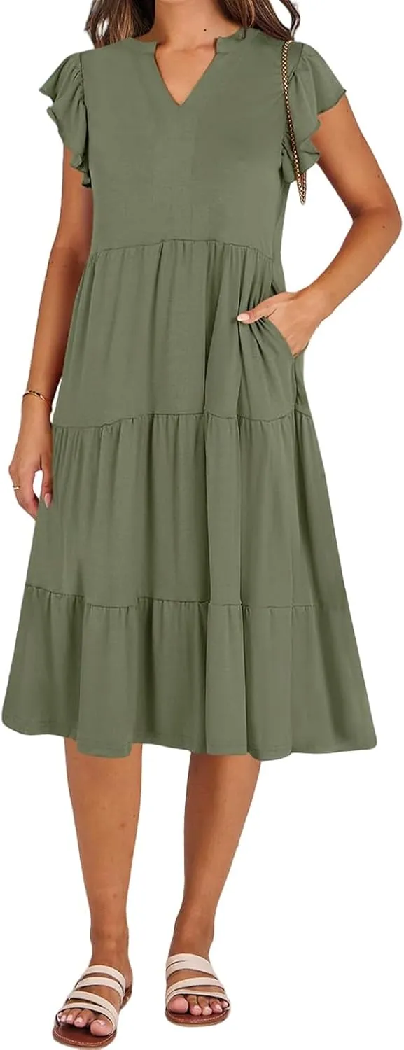 Maxi Dresses for Women 2025 Sundress Ruffle Sleeve V Neck Dress Ruched Elegant Swing Dress with Pocket