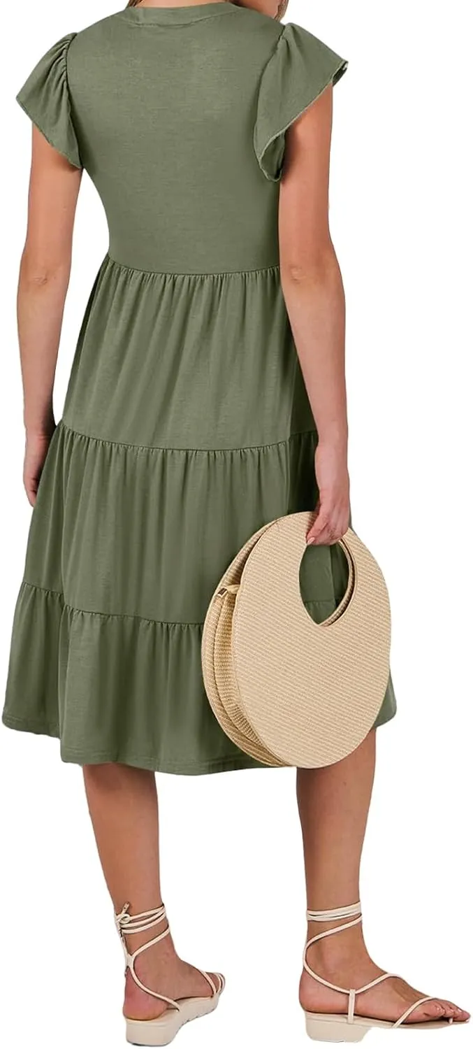 Maxi Dresses for Women 2025 Sundress Ruffle Sleeve V Neck Dress Ruched Elegant Swing Dress with Pocket