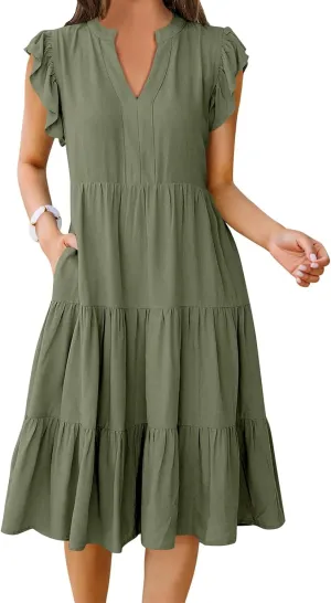 Maxi Dresses for Women 2025 Sundress Ruffle Sleeve V Neck Dress Ruched Elegant Swing Dress with Pocket