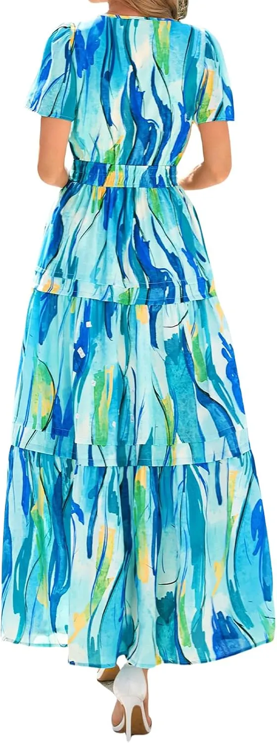 Maxi Dresses for Women V Neck Boho Dress Ruffle Dresses High Waist Floral Tiered Sundress Summer Beach Vacation Dress