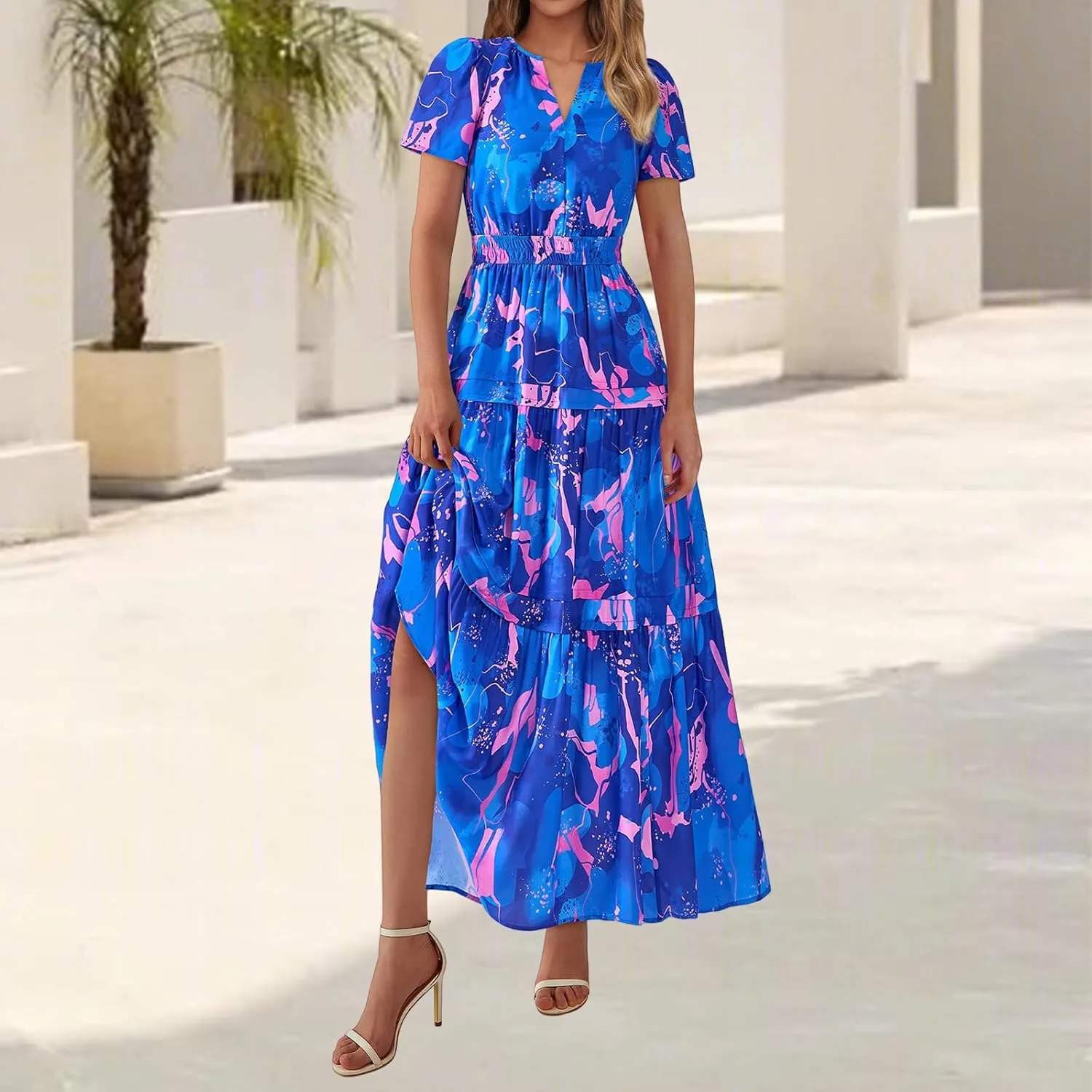Maxi Dresses for Women V Neck Boho Dress Ruffle Dresses High Waist Floral Tiered Sundress Summer Beach Vacation Dress