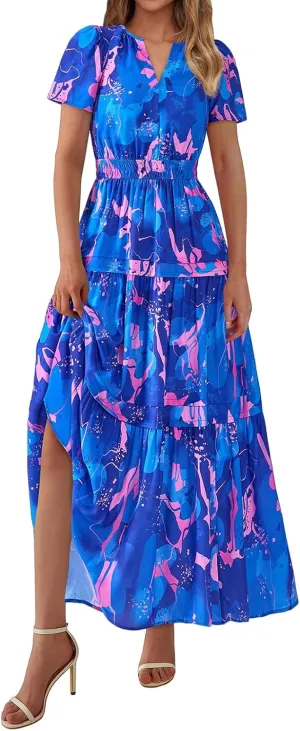 Maxi Dresses for Women V Neck Boho Dress Ruffle Dresses High Waist Floral Tiered Sundress Summer Beach Vacation Dress