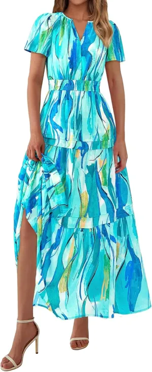 Maxi Dresses for Women V Neck Boho Dress Ruffle Dresses High Waist Floral Tiered Sundress Summer Beach Vacation Dress