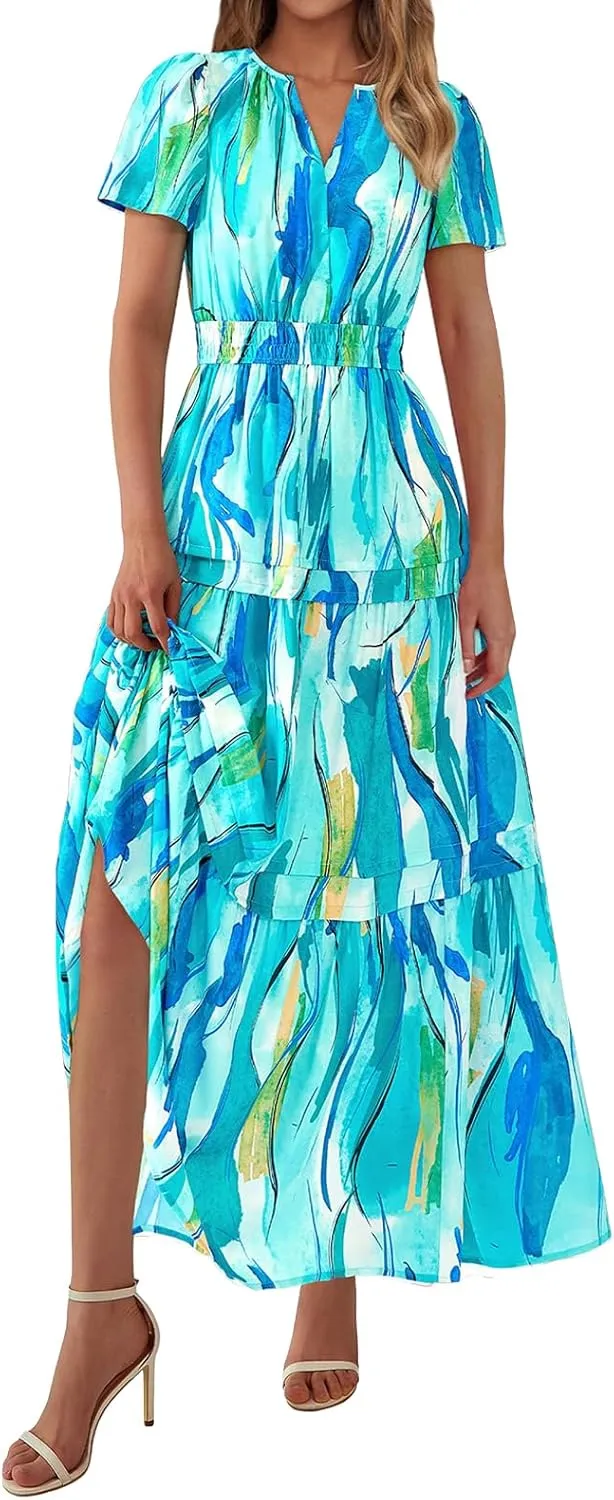 Maxi Dresses for Women V Neck Boho Dress Ruffle Dresses High Waist Floral Tiered Sundress Summer Beach Vacation Dress