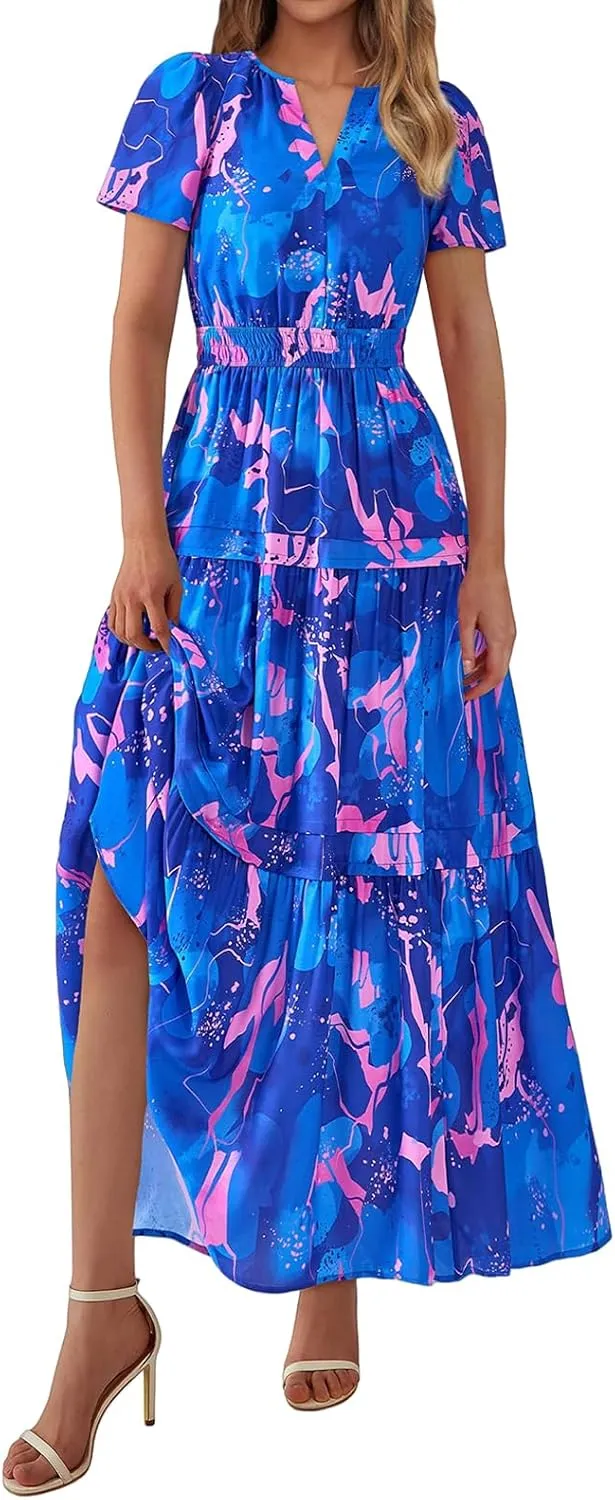 Maxi Dresses for Women V Neck Boho Dress Ruffle Dresses High Waist Floral Tiered Sundress Summer Beach Vacation Dress