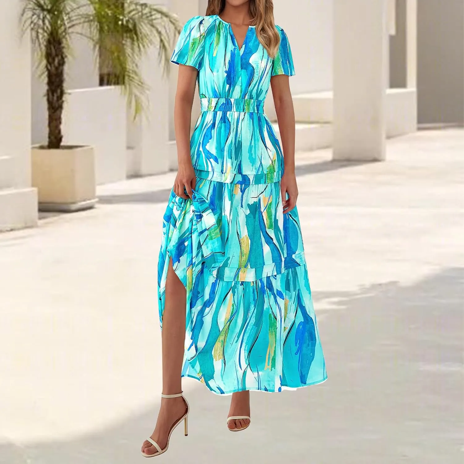 Maxi Dresses for Women V Neck Boho Dress Ruffle Dresses High Waist Floral Tiered Sundress Summer Beach Vacation Dress