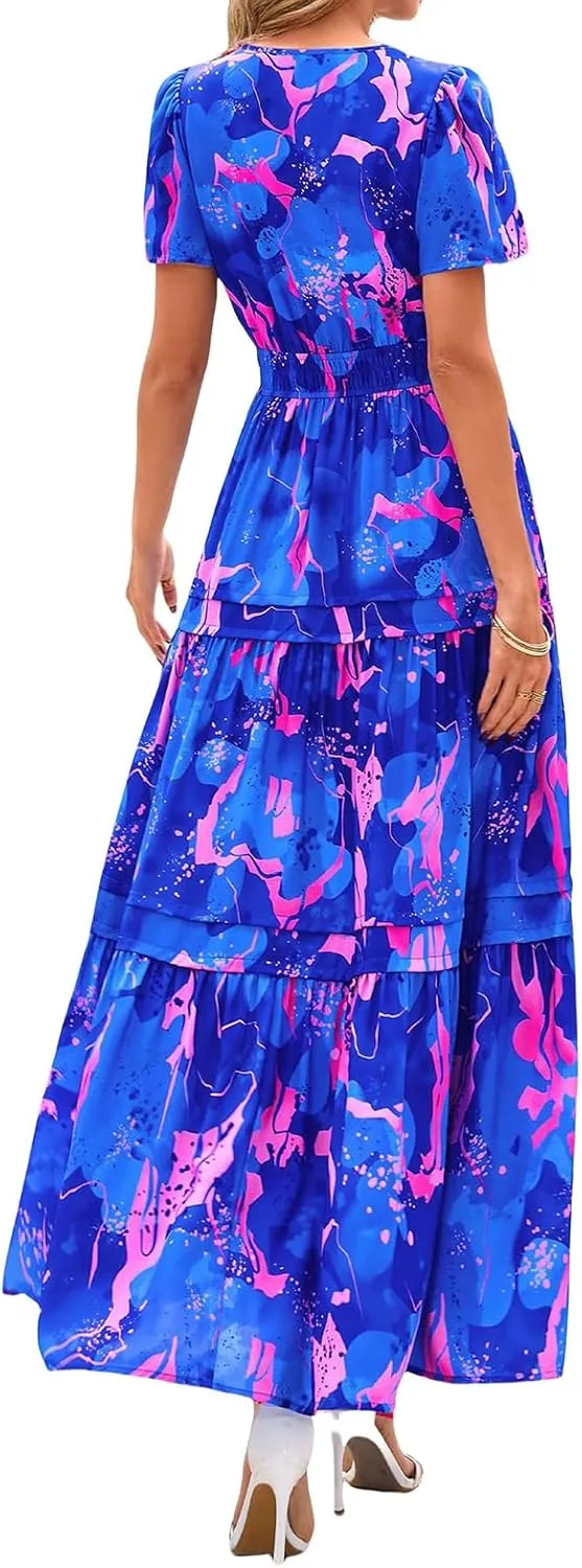 Maxi Dresses for Women V Neck Boho Dress Ruffle Dresses High Waist Floral Tiered Sundress Summer Beach Vacation Dress