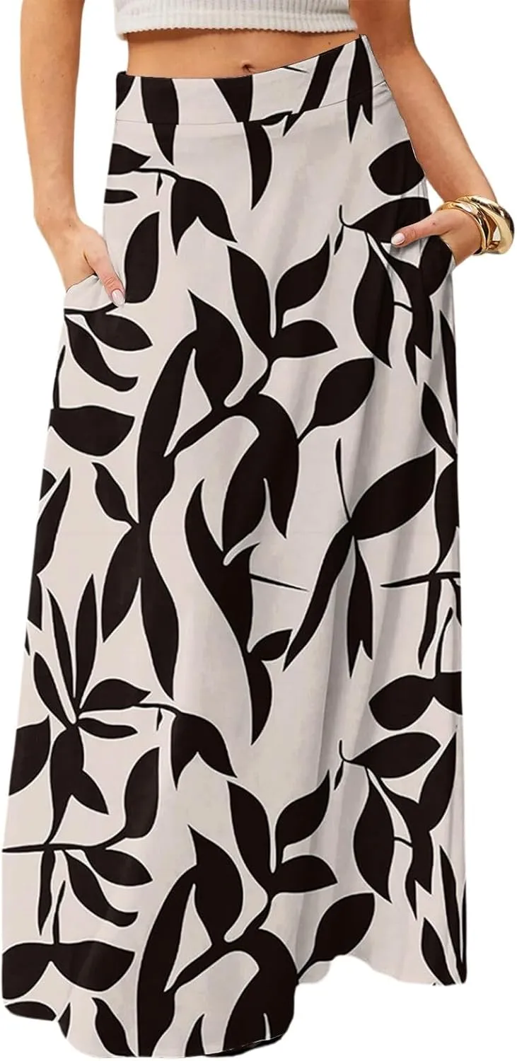 Maxi Floral Skirts for Women Trendy Summer Boho High Elastic Waist Skirts A Line Skirt Long Flowy Skorts with Pockets