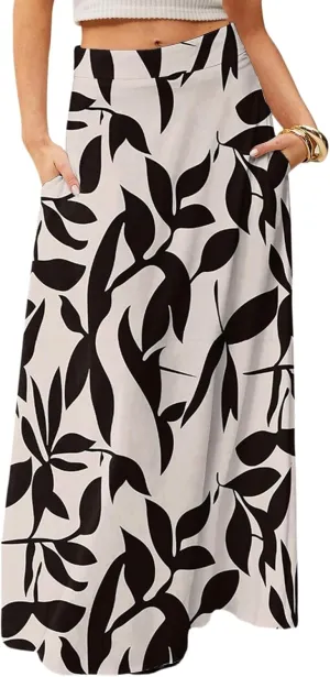Maxi Floral Skirts for Women Trendy Summer Boho High Elastic Waist Skirts A Line Skirt Long Flowy Skorts with Pockets