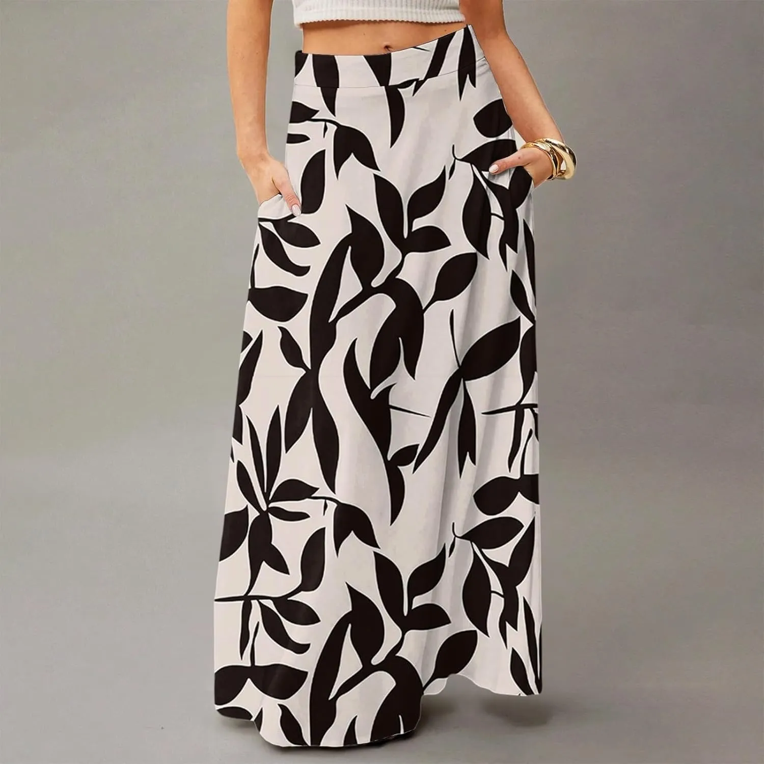 Maxi Floral Skirts for Women Trendy Summer Boho High Elastic Waist Skirts A Line Skirt Long Flowy Skorts with Pockets