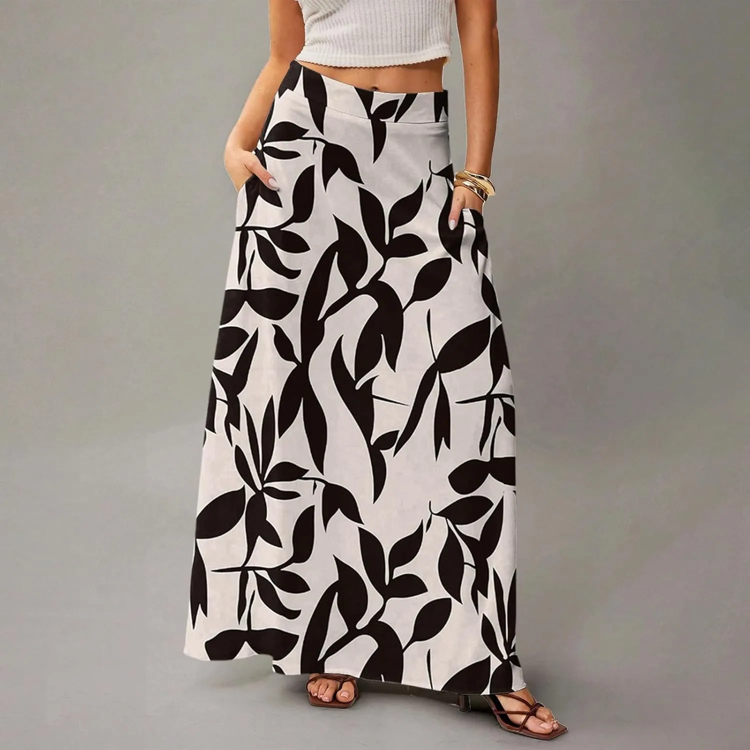 Maxi Floral Skirts for Women Trendy Summer Boho High Elastic Waist Skirts A Line Skirt Long Flowy Skorts with Pockets