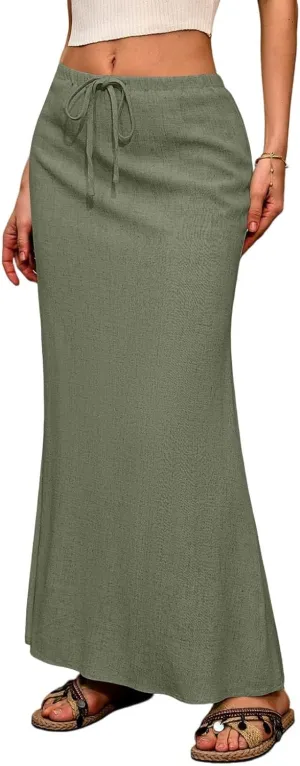 Maxi Linen Flare Skirts for Women Trendy Summer with Slit Drawstring Elastic Waist Long Flowy Low Rise A Line Skorts
