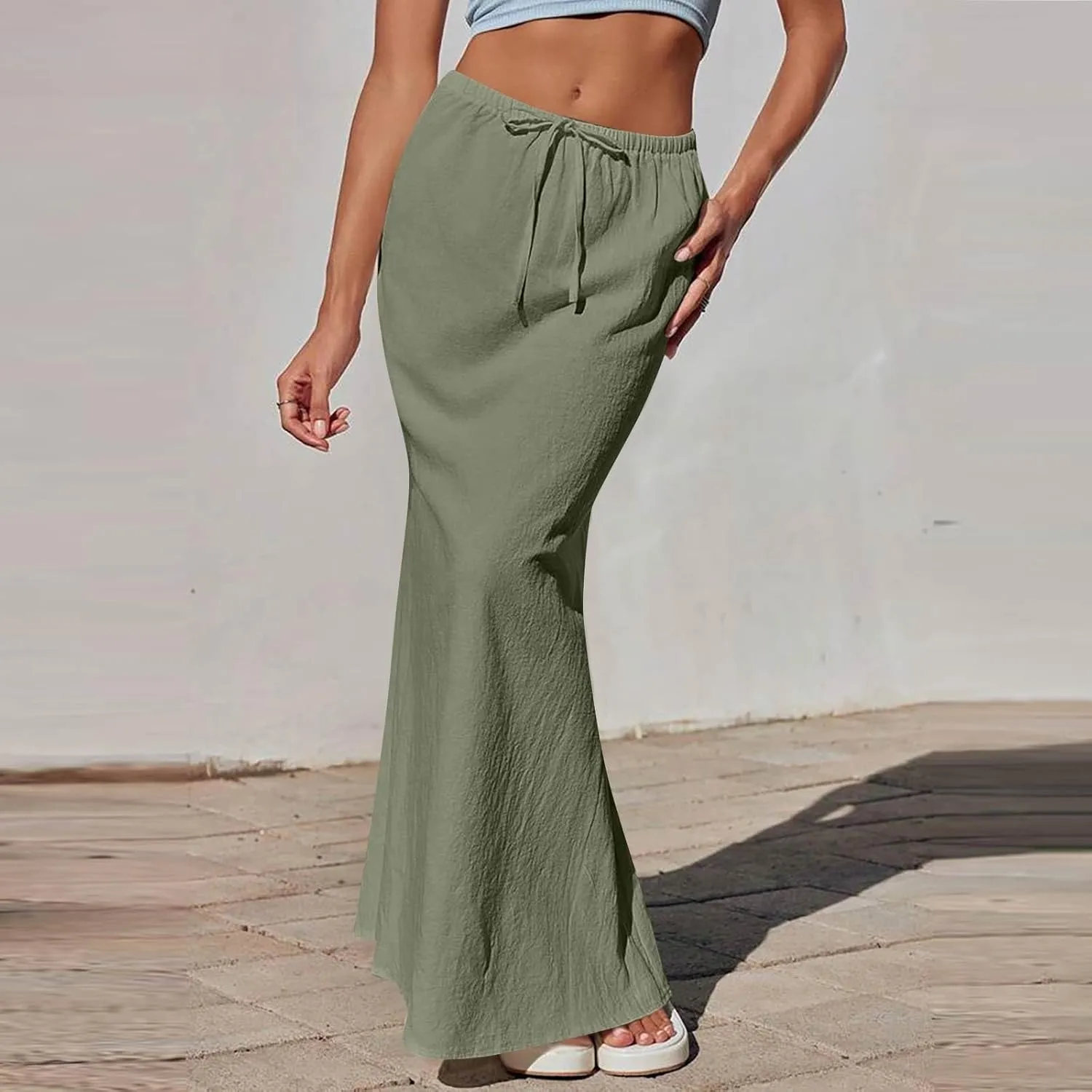Maxi Linen Flare Skirts for Women Trendy Summer with Slit Drawstring Elastic Waist Long Flowy Low Rise A Line Skorts