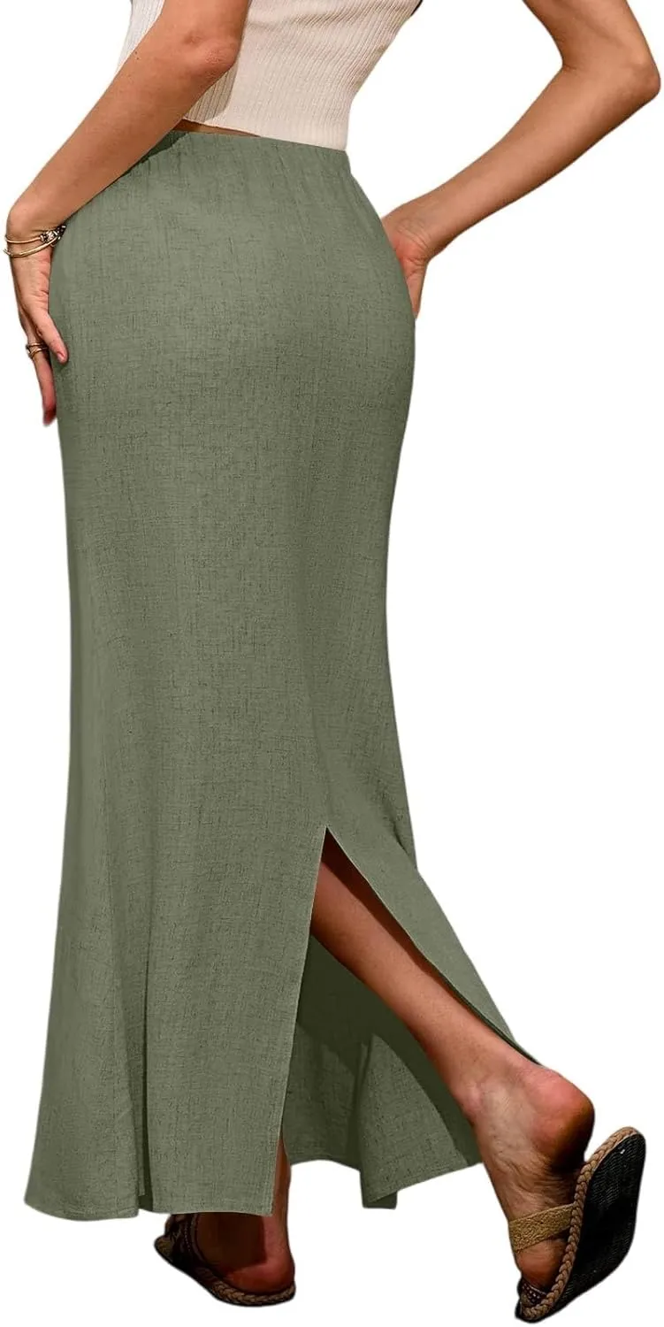 Maxi Linen Flare Skirts for Women Trendy Summer with Slit Drawstring Elastic Waist Long Flowy Low Rise A Line Skorts