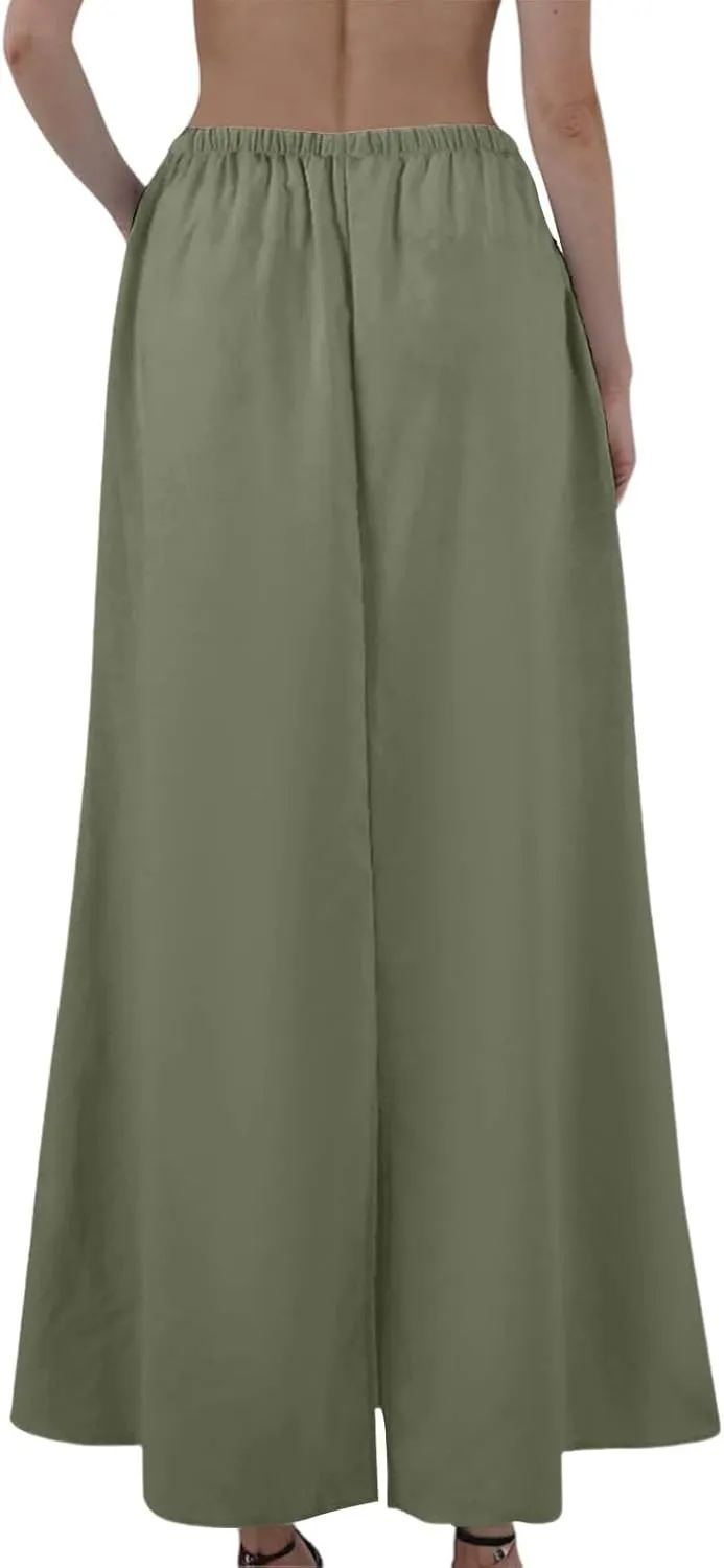 Maxi Linen Flare Skirts for Women Trendy Summer with Slit Drawstring Elastic Waist Long Flowy Low Rise A Line Skorts