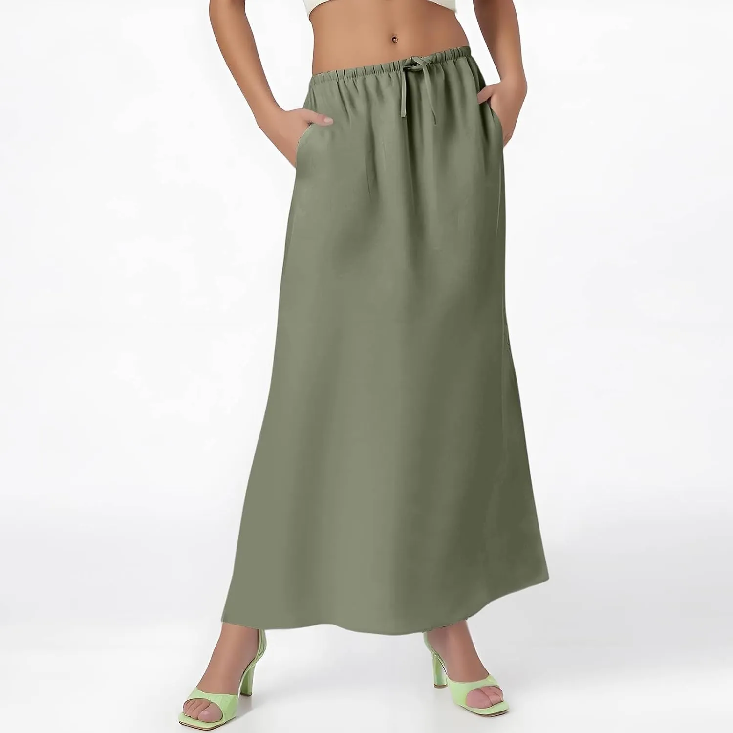 Maxi Linen Flare Skirts for Women Trendy Summer with Slit Drawstring Elastic Waist Long Flowy Low Rise A Line Skorts