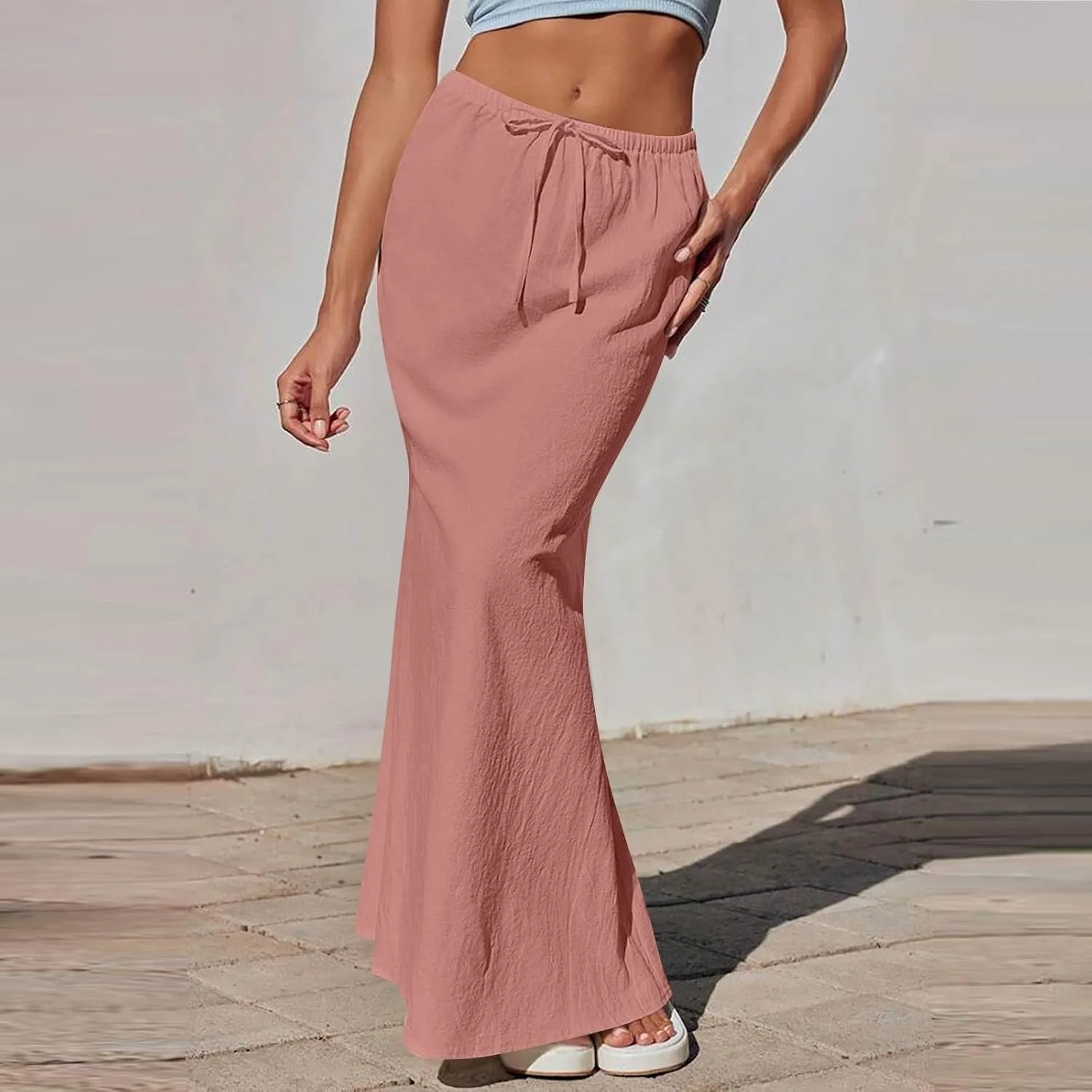 Maxi Linen Flare Skirts for Women Trendy Summer with Slit Long Flowy Drawstring Elastic Waist Low Rise A Line Skorts